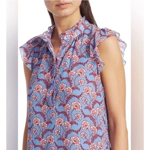 Dainty Silk Floral Print Blouse Half Button Down Blue Red Women’s Size 2 A.L.C. - Picture 3 of 10